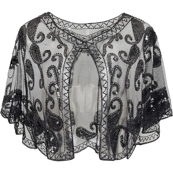 🆕 Women Black Sequin Beaded Evening Cape Bridal Shawl Bolero Flapper Cover Up - Picture 1 of 6